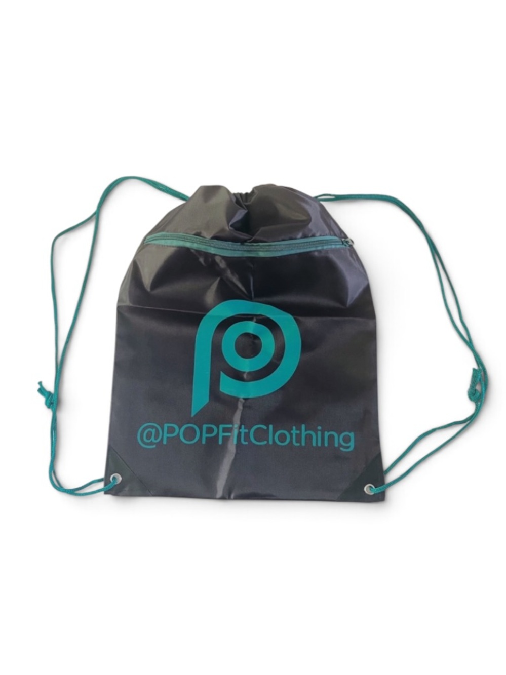 New POP FIT Black Teal Drawstring Zipper Gym Bag Tote
